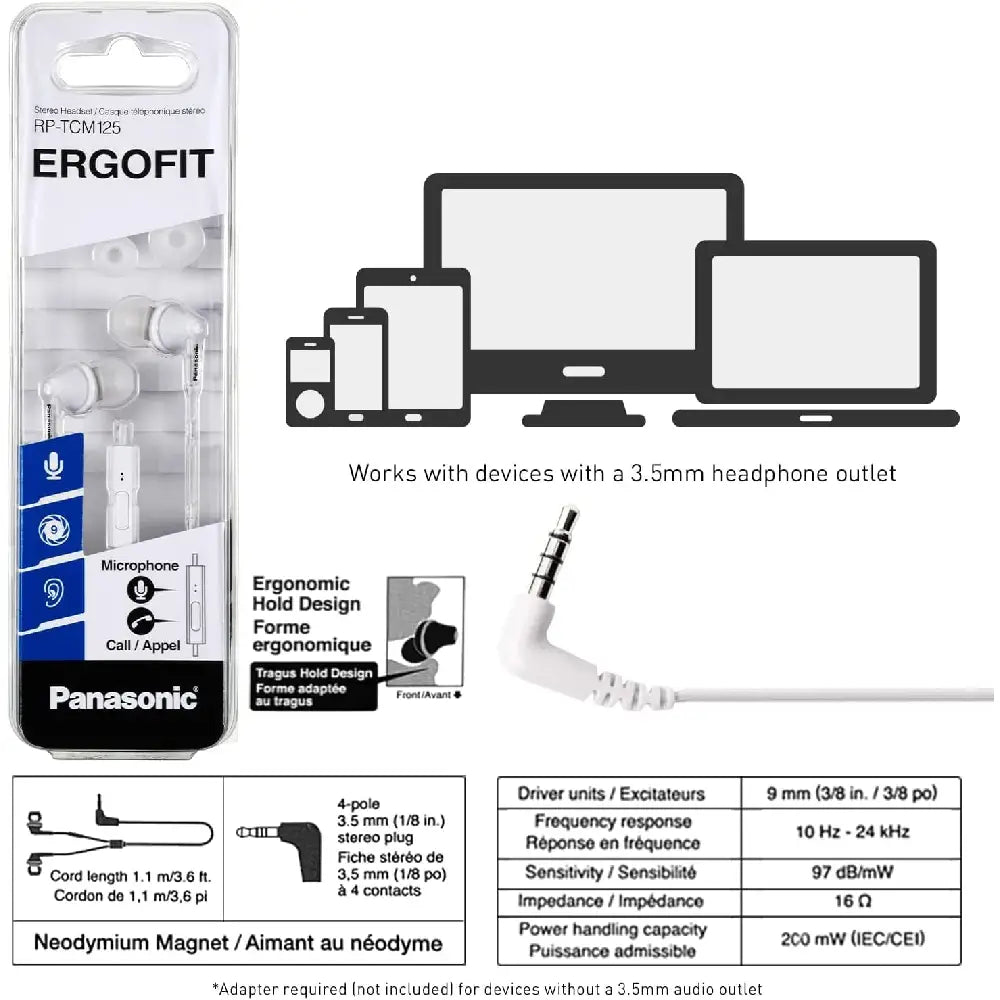 PANASONIC ErgoFit Headphones with Microphone WHITE RP-TCM125-W thumbnail