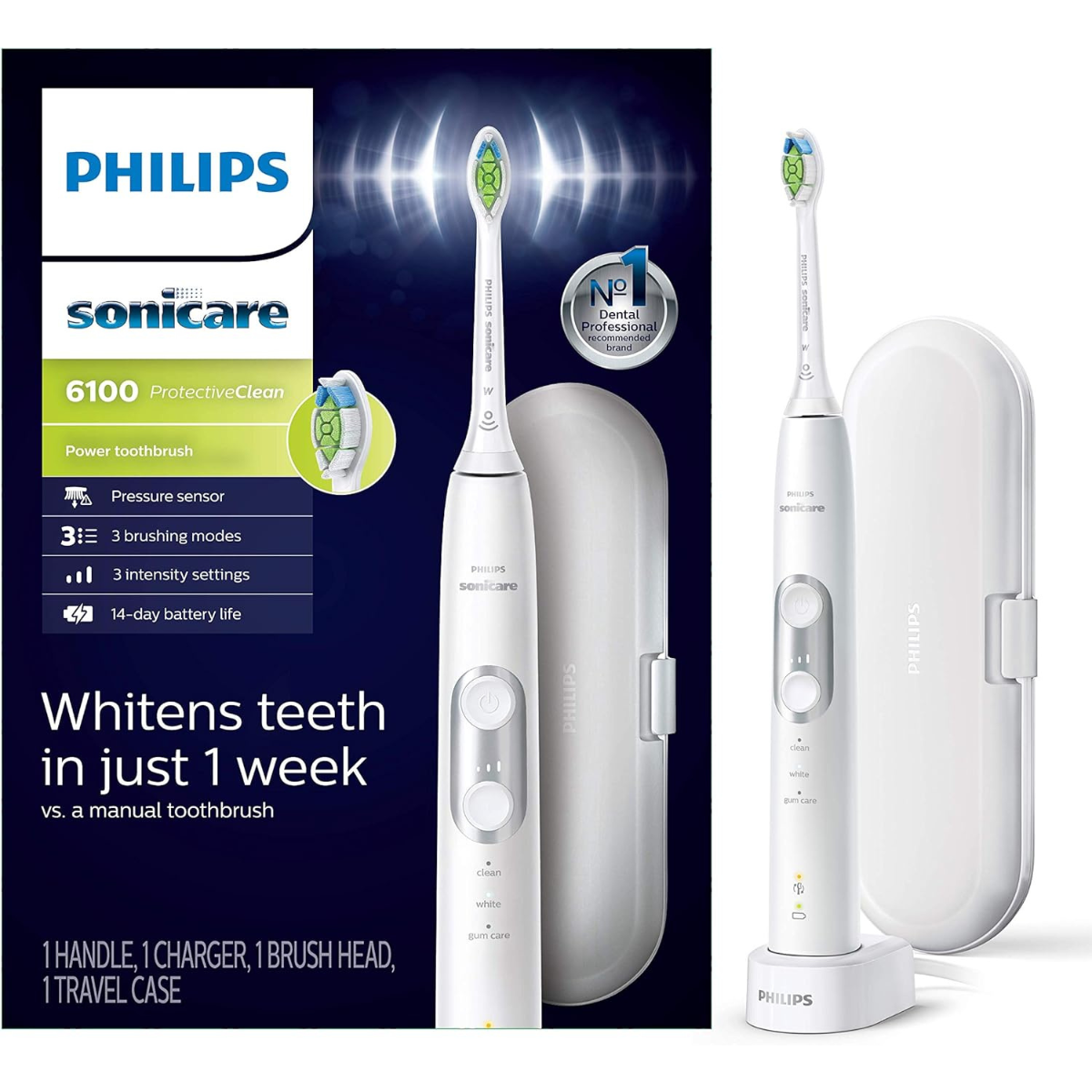PHILIPS Sonicare ProtectiveClean 6100 Rechargeable Electric Toothbrush with Pressure Sensor, 3 Cleaning Modes, SmarTimer, QuadPacer, 14-Day Battery Life, Travel Case, White