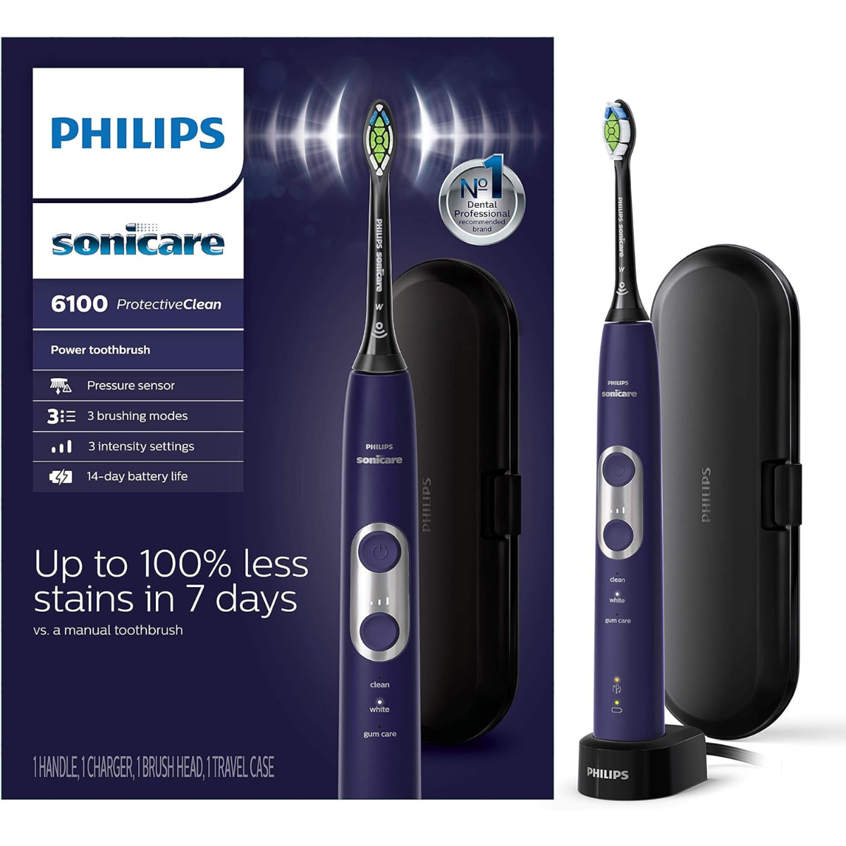 PHILIPS Sonicare ProtectiveClean 6100 Rechargeable Electric Toothbrush with Pressure Sensor, 3 Cleaning Modes, SmarTimer, QuadPacer, 14-Day Battery Life, Travel Case, White thumbnail