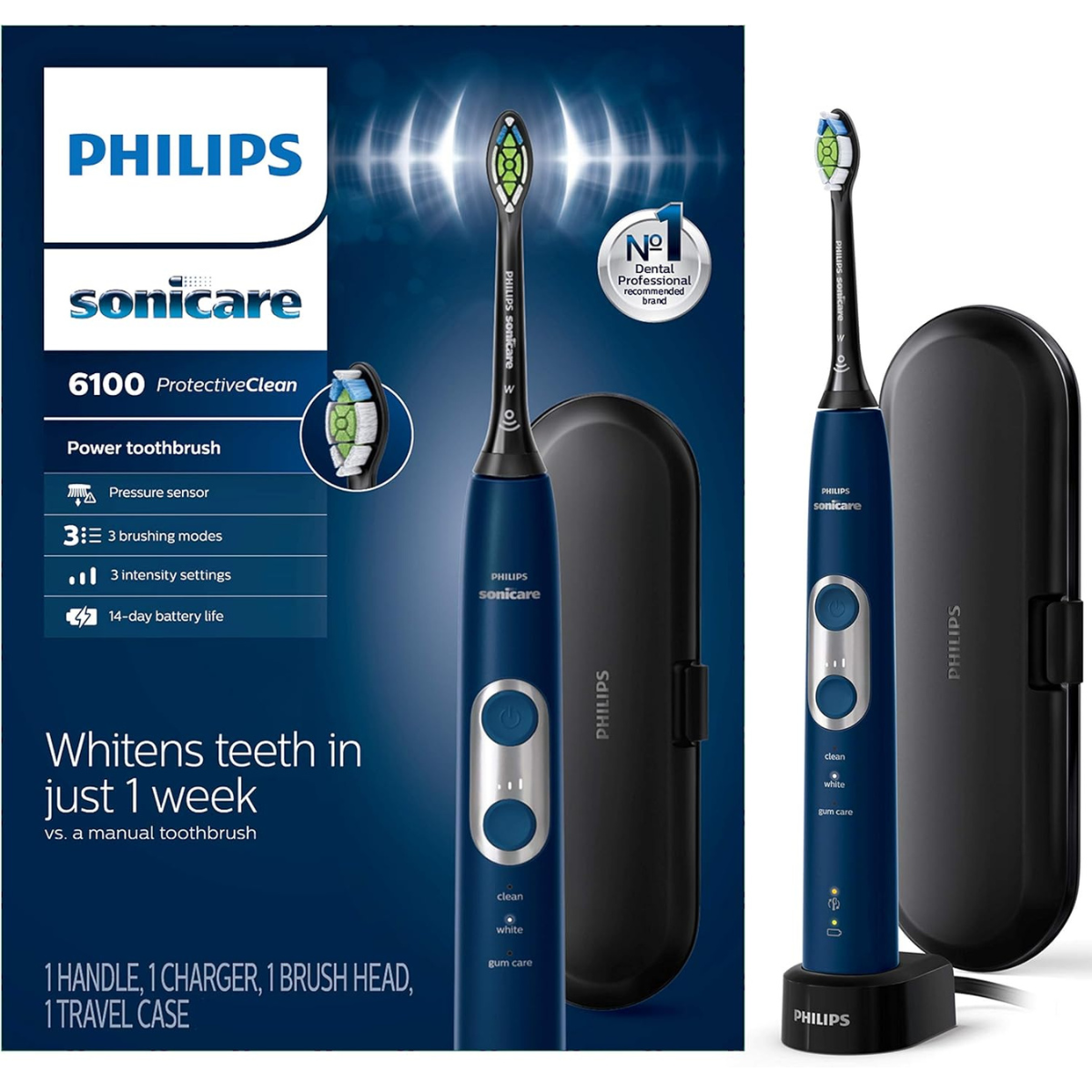 PHILIPS Sonicare ProtectiveClean 6100 Rechargeable Electric Toothbrush with Pressure Sensor, 3 Cleaning Modes, SmarTimer, QuadPacer, 14-Day Battery Life, Travel Case, White thumbnail