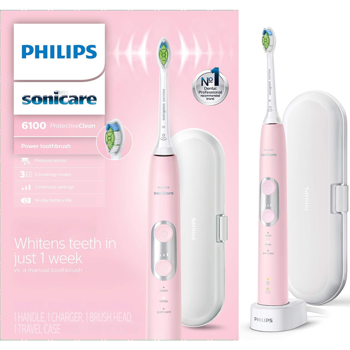 PHILIPS Sonicare ProtectiveClean 6100 Rechargeable Electric Toothbrush with Pressure Sensor, 3 Cleaning Modes, SmarTimer, QuadPacer, 14-Day Battery Life, Travel Case, White thumbnail