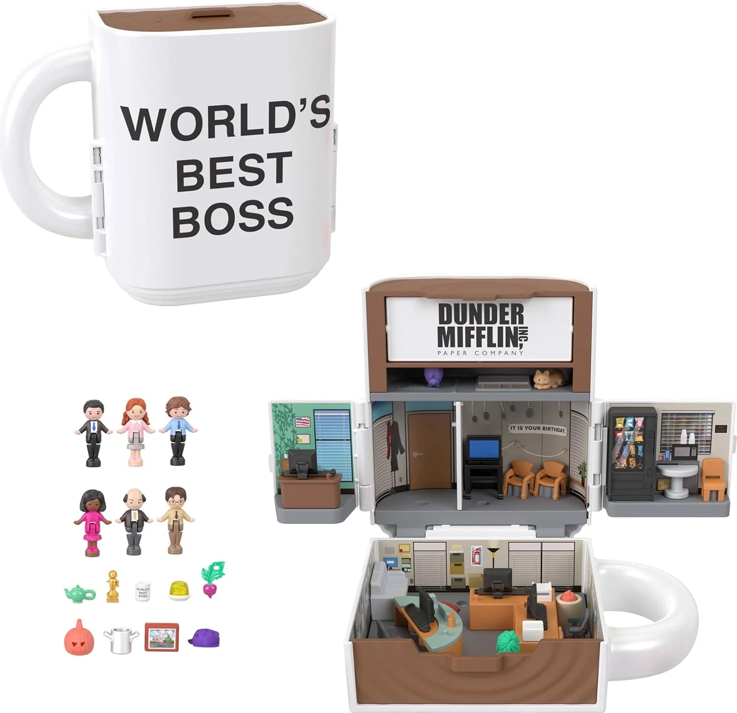 Polly Pocket x The Office Compact Playset 6 Character Dolls and 9 Accessories
