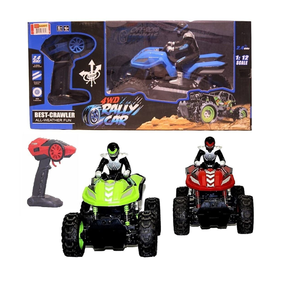 Remote Off Road Quad Bike ATV 4WD Rally Car 1:12 Scale Channel RC 2.4 GHz Radio. Unleash your inner adventurer with the Remote Off-Road Quad Bike ATV 4WD Rally Car!  BD-JH999-67A