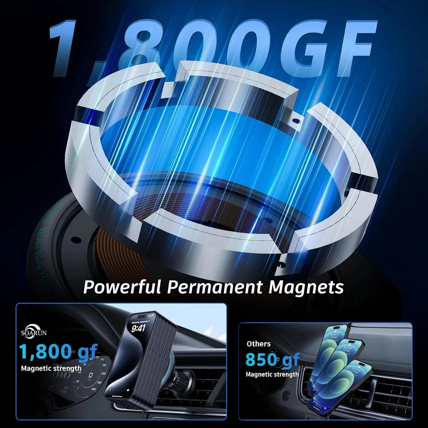 SOARUN 15W Mag-Safe Car Mount Charger – Magnetic Fast Wireless Car Charger for iPhone thumbnail