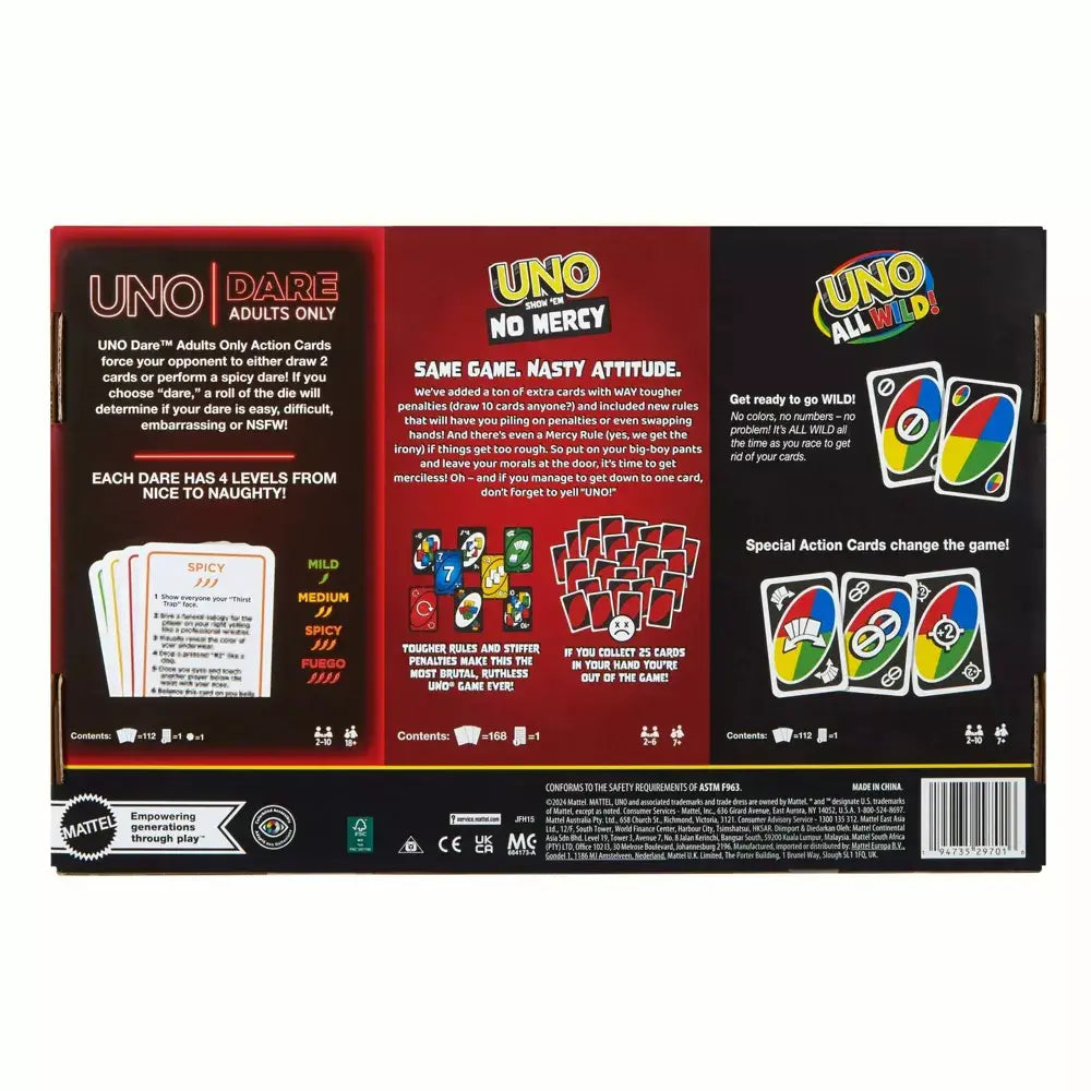UNO All Wild, UNO Show ‘em No Mercy, UNO Dare Adults Only 3 Card Game Bundle JFH15 thumbnail