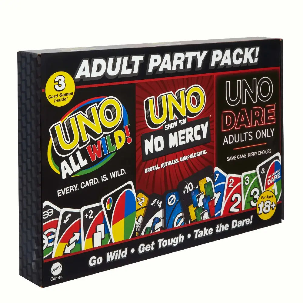 UNO All Wild, UNO Show ‘em No Mercy, UNO Dare Adults Only 3 Card Game Bundle JFH15