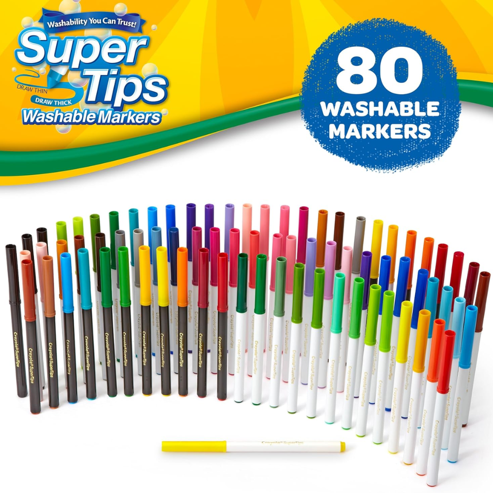 CRAYOLA Super Tips Washable Markers 80 Count Includes Scented Markers. Ignite your child's imagination with&nbsp;Crayola SuperTips Washable Markers, the ultimate art supplies for kids who love to color and create.58-5880 thumbnail