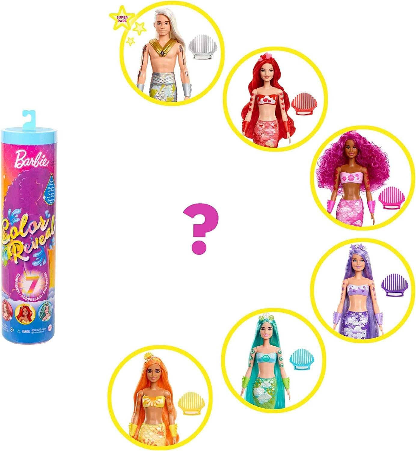 Barbie Rainbow Mermaid Series Water Reveal Unbox for 7 Surprises. Experience the ultimate unboxing surprise with Barbie Color Reveal! Each set includes seven surprises and a guaranteed colorful mermaid doll. HCC46 thumbnail