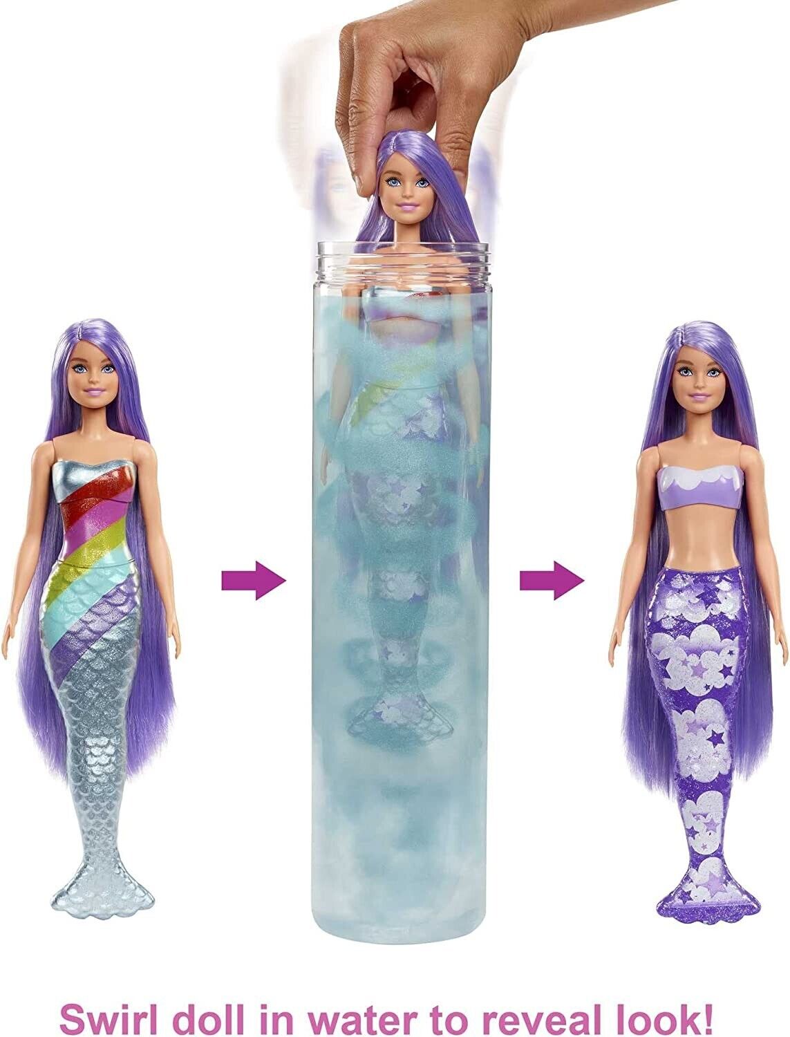 Barbie Rainbow Mermaid Series Water Reveal Unbox for 7 Surprises. Experience the ultimate unboxing surprise with Barbie Color Reveal! Each set includes seven surprises and a guaranteed colorful mermaid doll. HCC46 thumbnail