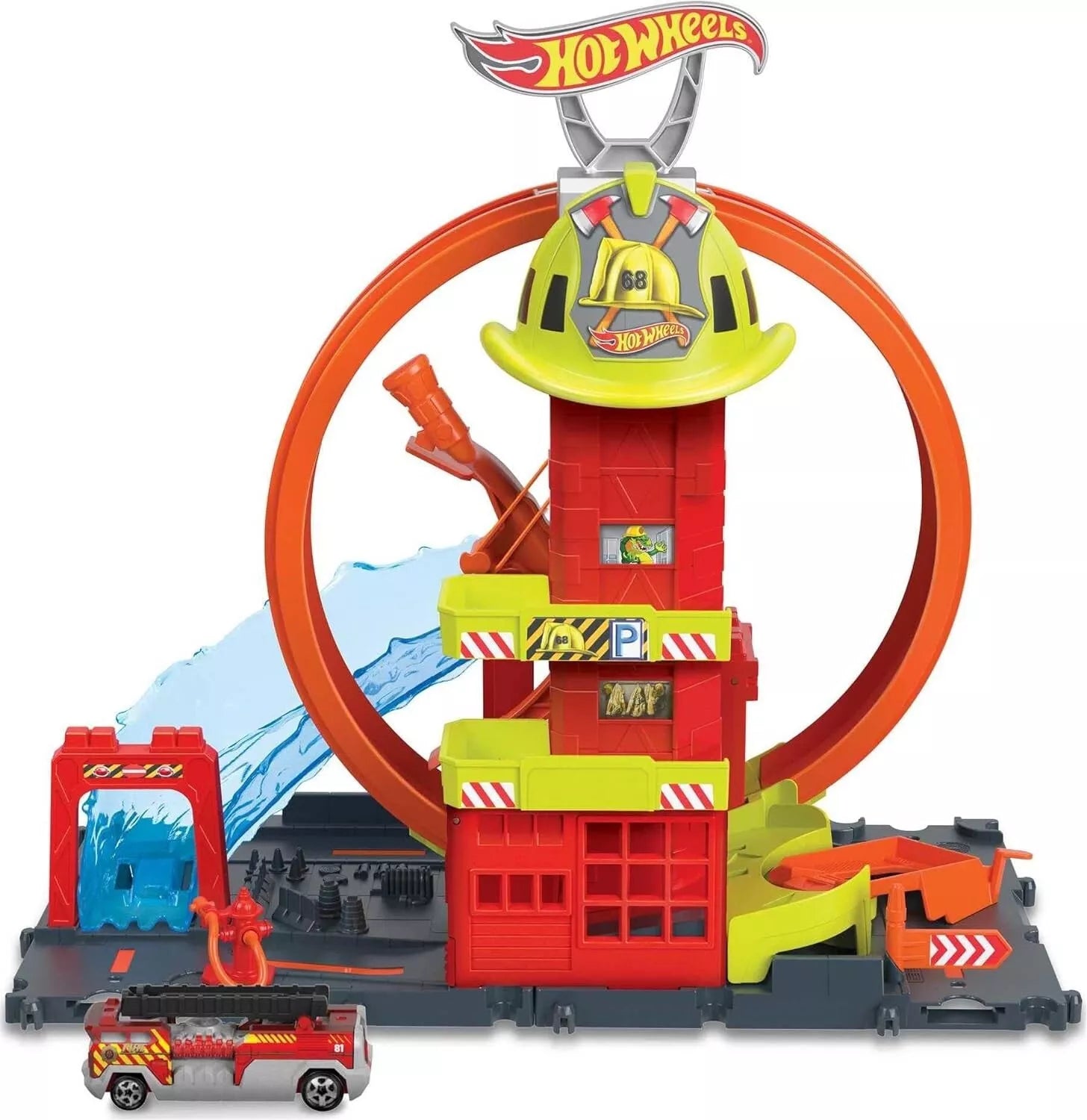 Hot Wheels City Super Loop Fire Station Playset & 1 Toy Firetruck. Perform stunts and race through an adjustable loop to protect Hot Wheels City with the Super Loop Fire Station playset! HKX41 thumbnail